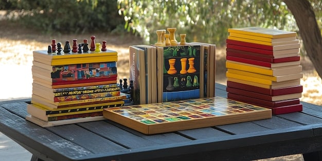 A collection of board games and card games neatly stacked on a shelf. The games are a mix of strategy, party, and cooperative games, showcasing a variety of options for game night.
