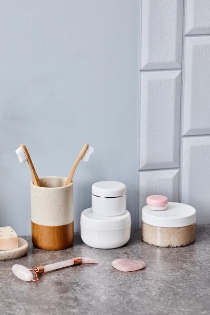 A close-up shot of various high-quality skincare products neatly arranged on a bathroom shelf. The products include a cleanser, a serum, a moisturizer, and eye cream. The lighting is soft, highlighting the textures and packaging of the skincare items.