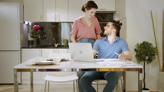 A husband and wife are working together on a project in their home office, both smiling and engaged. The scene exudes teamwork and shared responsibility. Focus on positive interactions and a sense of collaboration.
