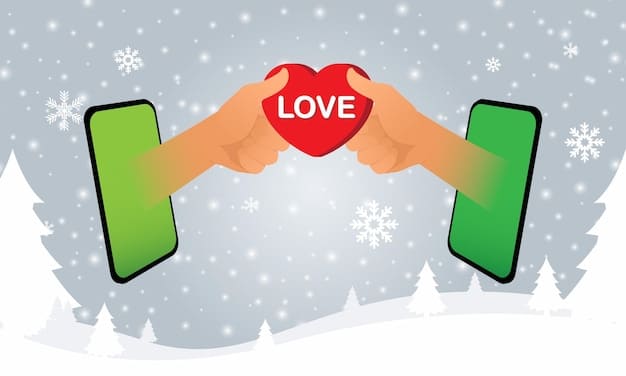 Two hands holding smartphones, with loving, heartfelt emojis floating between them. The background blurred, emphasizing the connection through technology.