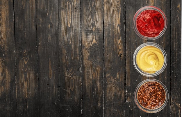 An overhead shot of a table laden with a variety of BBQ sauces, spices, and rubs. There are also bowls of freshly chopped herbs and different types of wood chips for smoking. The scene is vibrant and appetizing.