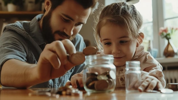 A close-up shot of two hands placing cash into a clear jar labeled 