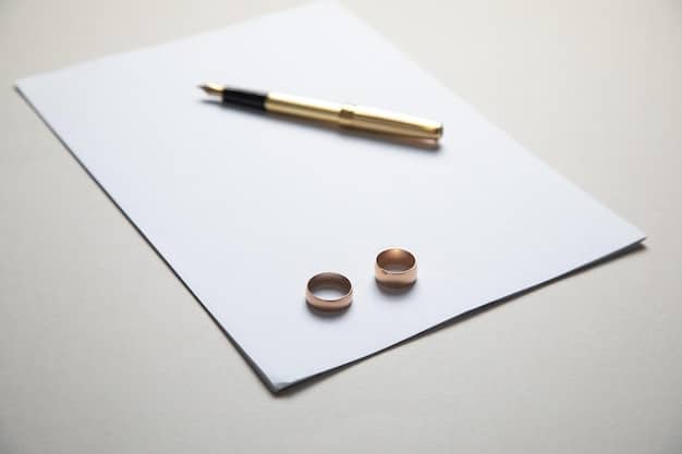 A legal document with a wedding ring placed on top, symbolizing the legal implications of marriage and debt.