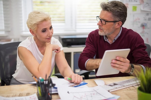 A couple reviewing financial documents together at a table, with charts and graphs visible, indicating investment performance analysis.