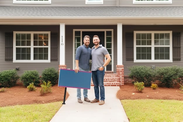 A couple toasting with glasses of sparkling cider in front of a new house with a 