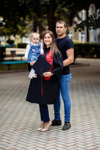 A young girl in a graduation cap and gown, standing next to her parents. They are all smiling and holding a diploma. The background is a university campus setting, symbolizing the culmination of years of investment in education and planning for the child's future.