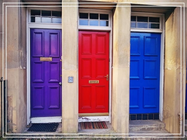 A collage showing various front doors with different paint colors and hardware options. One door is painted a bright red with brushed silver hardware, another is a classic black with brass accents, and a third is a soft blue with matte black hardware. Each combination creates a distinct look.