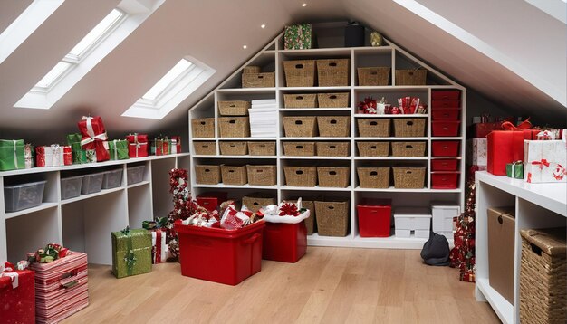 Wide-angle shot of a meticulously organized attic featuring a variety of storage solutions including shelves, clear plastic bins with labels, and hanging racks, all neatly arranged and maximizing the use of the available space.