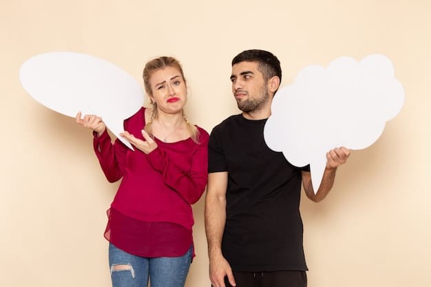 A woman holding a thought bubble with a question mark in it, looking thoughtful. A man beside her gestures with open hands, signifying clear communication, set against a blurred indoor background.