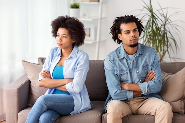 A couple sitting opposite each other with a therapist in a session, showing active listening and serious facial expressions, representing guided communication during infidelity recovery.