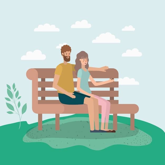 A couple sitting side-by-side on a bench in a park, holding hands and looking out at the scenery, symbolizing quiet understanding and emotional closeness. The scene is peaceful and serene, emphasizing connection.