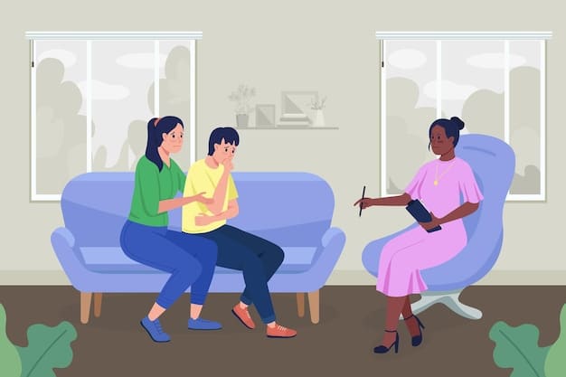 A couple sits in a therapist's office, engaged in a conversation with a therapist who is seated opposite them. The setting is professional and comforting, emphasizing direct interaction and connection.