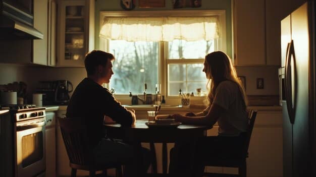 A couple sitting at a kitchen table, deep in conversation, with subtle gestures indicating understanding and connection. The atmosphere is calm and focused.