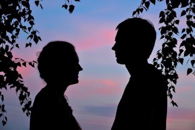 A silhouette of a couple standing back to back, looking away from each other with a visible gap between them, illustrating emotional distance and unresolved conflict in a marriage.