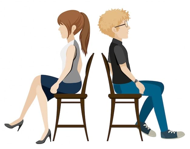 A couple sits on separate chairs, backs turned to each other, illustrating emotional distance and communication issues within a relationship.