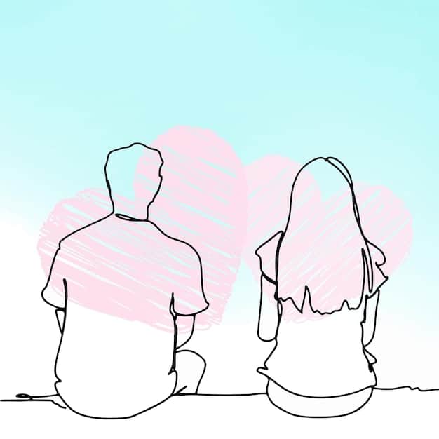 A couple sitting back-to-back, with a subtle line or separation between them, symbolizing the initial difficulty of establishing boundaries, but also the potential for eventual connection after defining personal spaces.