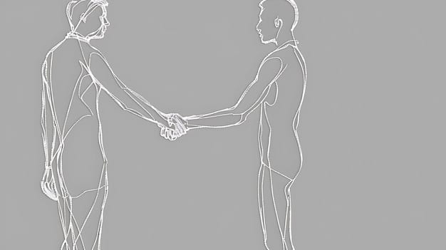 Two people with hands clasped together, symbolizing support and connection, against a subtle, abstract background of intertwining lines, suggesting relational complexity and growth.