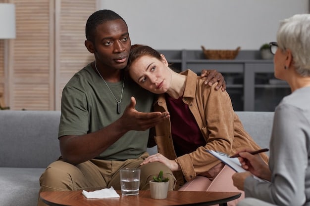 A therapist gestures gently towards a couple, symbolizing guidance and empathy, while the couple looks at each other with understanding in a calm therapy session setting.