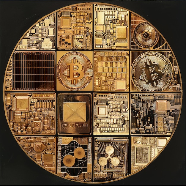 A detailed digital rendering of various cryptocurrency logos, blockchain symbols, and NFT art. The image conveys the complexity and abstract nature of digital assets, emphasizing their modern financial relevance.