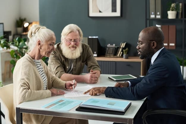 A detailed, clear image of an elderly, diverse couple listening attentively to a financial advisor who is pointing at a complex document, symbolizing professional estate planning discussions.