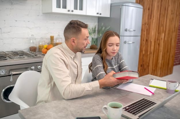 A couple sits at a kitchen table, intently reviewing a financial literacy book and notes, symbolizing their joint efforts in financial education and planning.