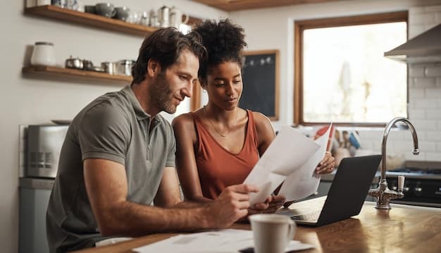 A couple reviewing financial documents at their dining table, with a calculator and laptop, symbolizing detailed asset assessment.