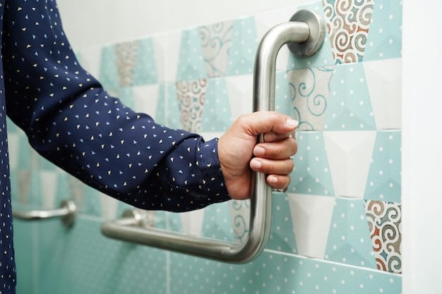 A close-up shot of a bathroom floor with non-slip tiles and a grab bar professionally installed near a toilet, indicating critical safety modifications.