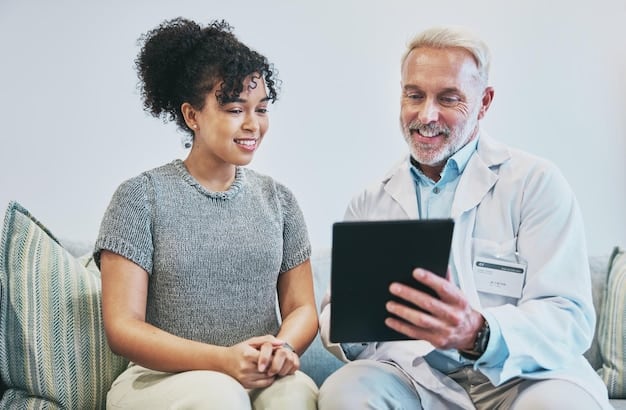 A doctor reviewing test results on a tablet with an elderly patient, both smiling and engaged in discussion. The image conveys care and modern medical practice.