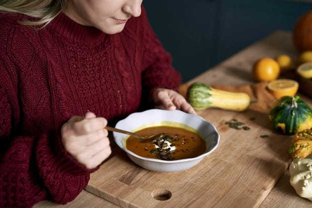 A close-up of a senior enjoying a warm bowl of soup, rich in colorful vegetables and herbs, emphasizing comfort and healthy eating.