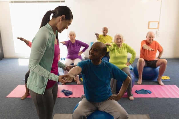 A diverse group of seniors engaged in a gentle stretching class, highlighting physical activity and community.