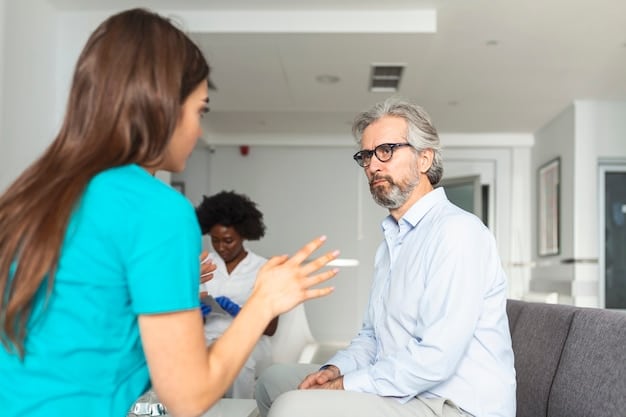 A healthcare professional, perhaps a doctor or therapist, compassionately speaking with an older adult in a clinic setting, symbolizing professional support and understanding.