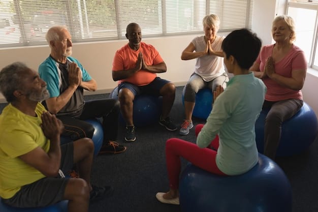 A diverse group of older adults participating in a supportive group activity, such as a gentle exercise class or a social club, promoting community and well-being.
