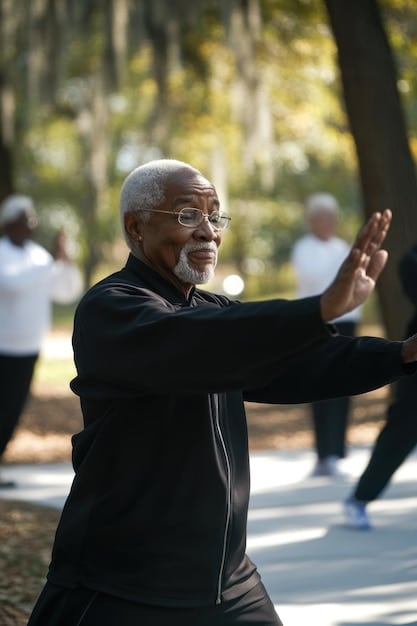 A diverse group of smiling seniors of various ethnic backgrounds practicing Tai Chi in a bright, airy community center, demonstrating synchronized, fluid movements.