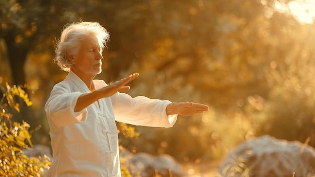 A close-up of a senior person's hands in a graceful Tai Chi pose, with blurred natural scenery in the background, highlighting the focus and serenity of the movement.
