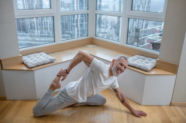 A calm elderly person practicing gentle stretching exercises in a softly lit room with a yoga mat, emphasizing a relaxing pre-sleep routine.