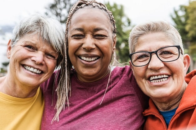 A diverse group of active seniors smiling confidently, subtly showcasing healthy teeth and the positive impact of good oral care on their vibrant lifestyle.