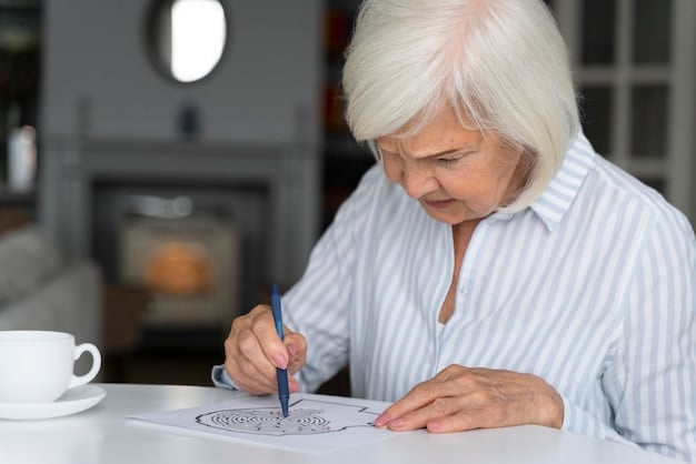 A senior woman intently solving a complex Sudoku puzzle with a pen and paper, surrounded by a bright, natural light, symbolizing calm focus and cognitive engagement.