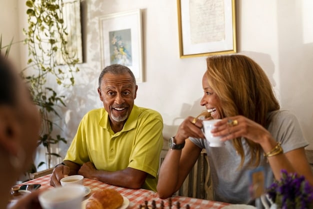 A group of diverse seniors laughing and engaged in a lively conversation over coffee at a community center, highlighting the positive impact of social interaction on well-being and cognitive health.