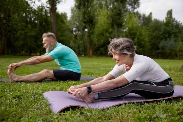 An elderly man and woman engaging in gentle stretching exercises outdoors, demonstrating flexibility and balance movements.