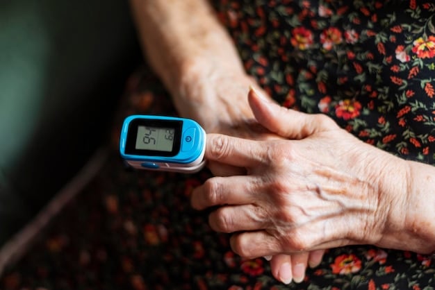 A close-up of a senior woman's hands holding a blood glucose meter, checking her levels, indicating self-management and monitoring.