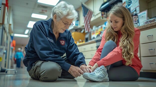 An elderly person trying on a comfortable, wide-fitting, supportive shoe, with a physical therapist or caregiver assisting, emphasizing comfort and proper fit.