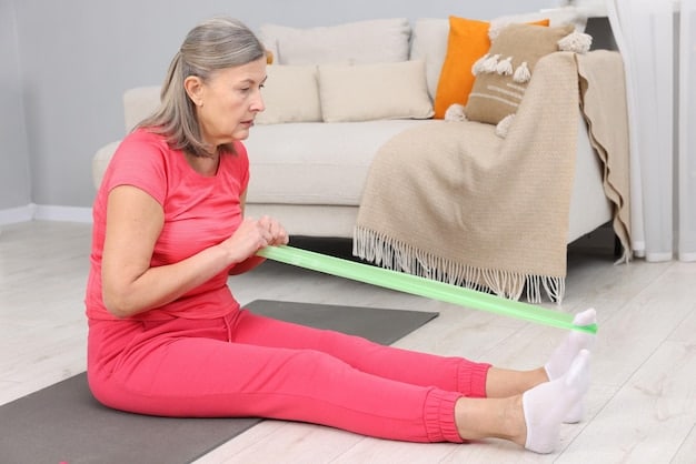 An older adult performing gentle foot exercises while seated, demonstrating flexibility and care, possibly with a visible ankle exercise strap or resistance band.