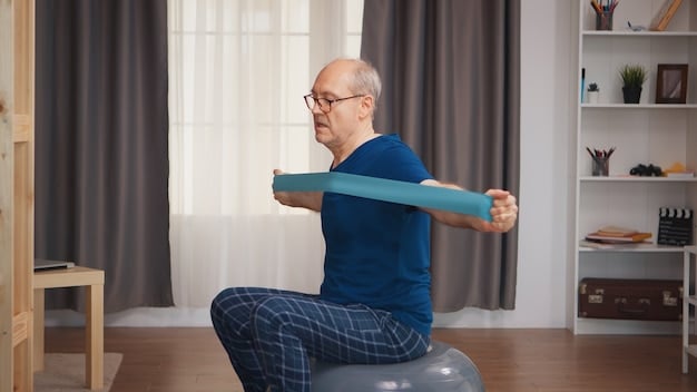 A senior man performing light resistance exercises with a band, demonstrating active participation in bone-strengthening activities.