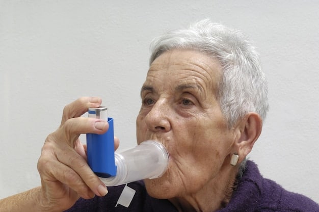 A senior woman carefully using an inhaler, demonstrating the proper technique with a focused expression.