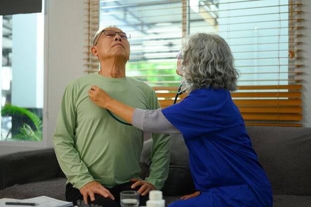 A senior undergoing a pulmonary rehabilitation session, engaged in light exercise with a therapist providing guidance.