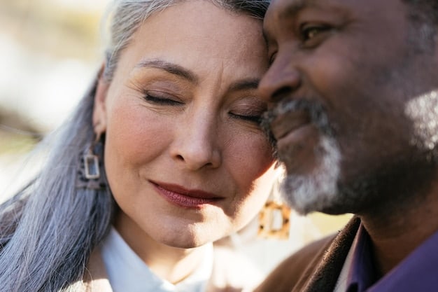 A diverse couple, possibly in their 40s or 50s, holding hands intimately and looking into each other's eyes, conveying deep emotional and physical connection, perhaps in a softly lit, comfortable setting, emphasizing the rekindling of romance.