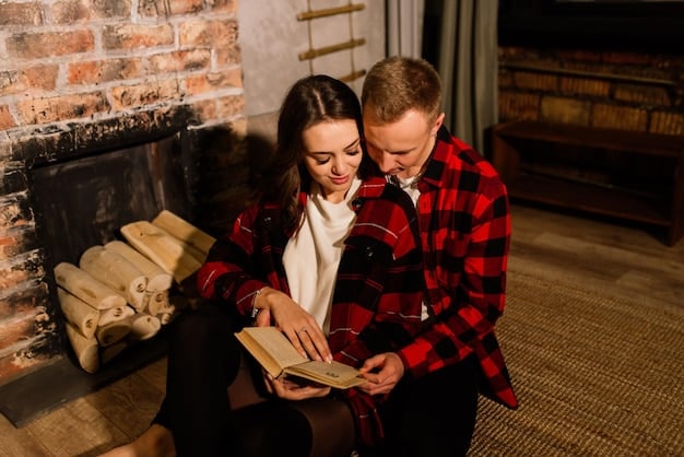 A couple sitting on a sofa, looking at an old photo album and smiling, surrounded by a cozy, nostalgic atmosphere, representing revisiting shared memories.