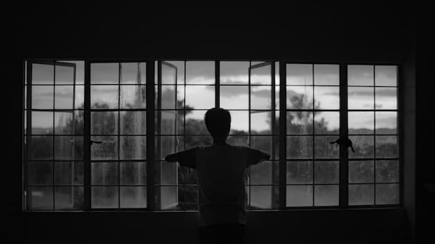 A silhouette of a person standing at a window, looking out into a misty landscape, conveying a sense of introspection and quiet contemplation, suggestive of confronting internal fears.