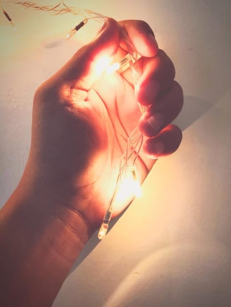 Two hands holding a single thread that glows, with emanating lines connecting to various abstract shapes representing thoughts, feelings, and shared experiences, symbolizing communication as a binding element.