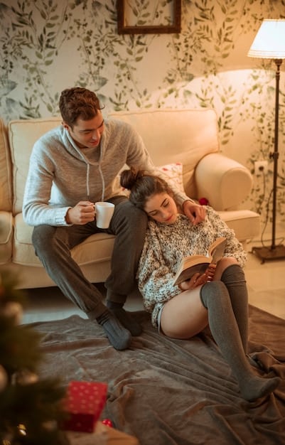 A couple sitting closely on a cozy couch, engaged in deep conversation, their expressions showing empathy and understanding. Soft, warm light fills the room.